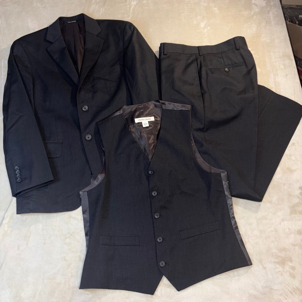 Pronto Uomo Platinum Mens 3 Piece Suit 38S Black Charcoal 100% Wool Formal